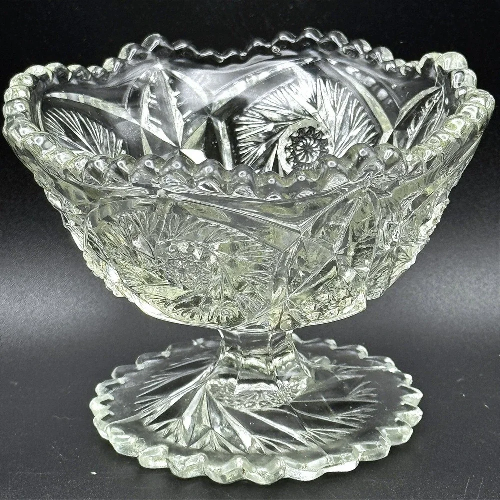 Vintage Imperial Glass Whirling Star Scallop Pressed Glass Pedestal Compote
